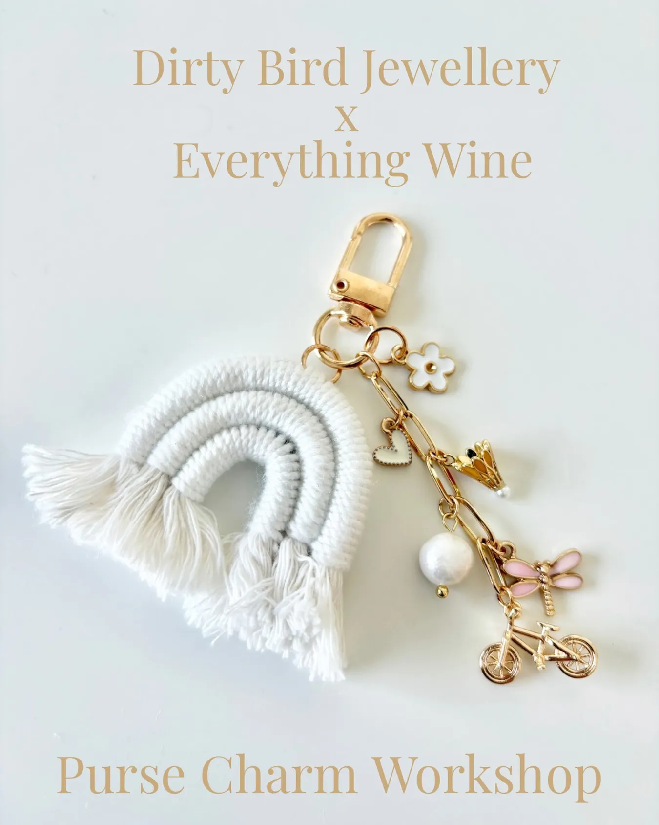 Handmade purse charm with macramé rainbow and gold charms