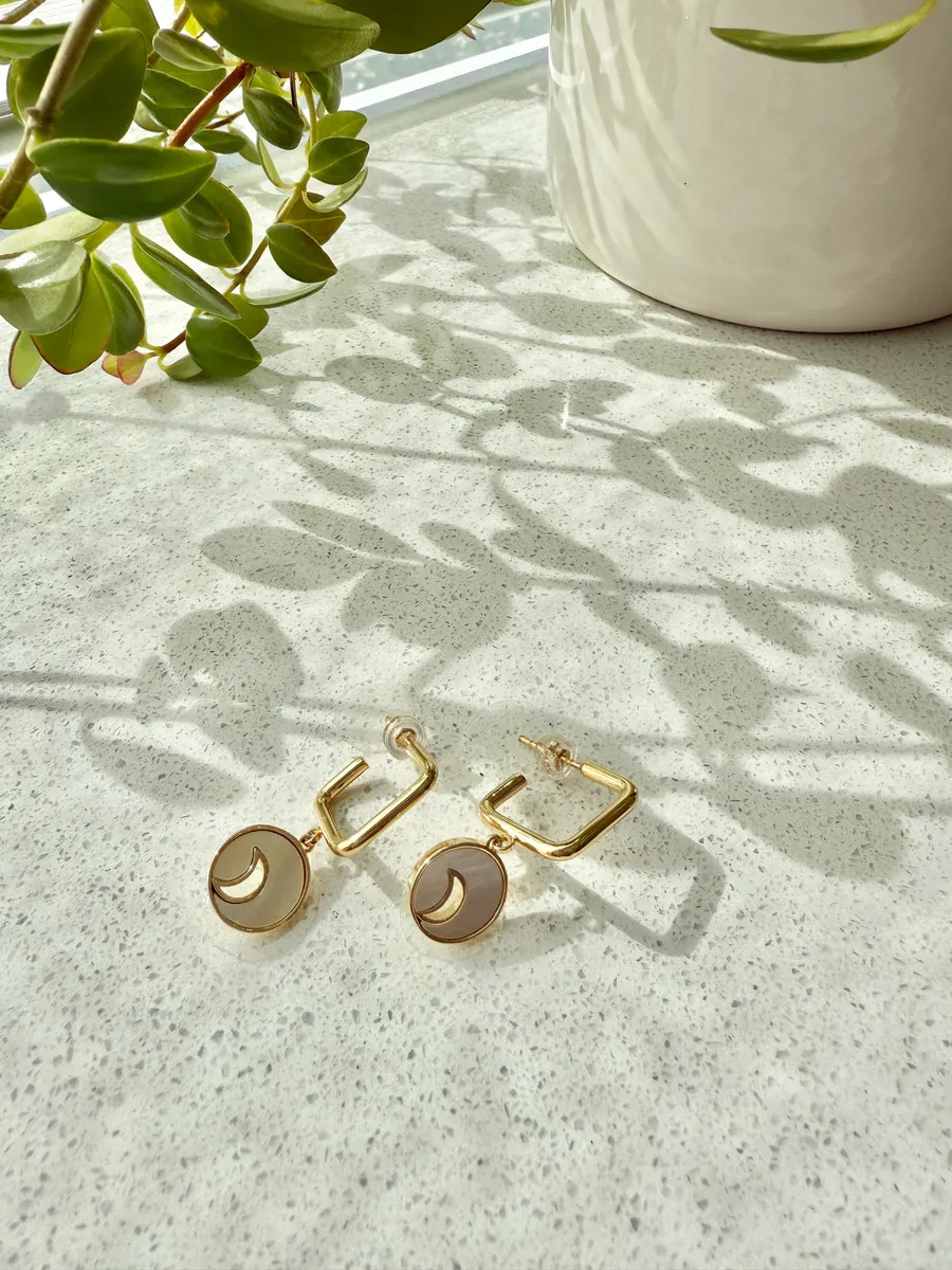 Mother of Pearl Circular Moon Earrings — handmade by Dirty Bird Jewellery