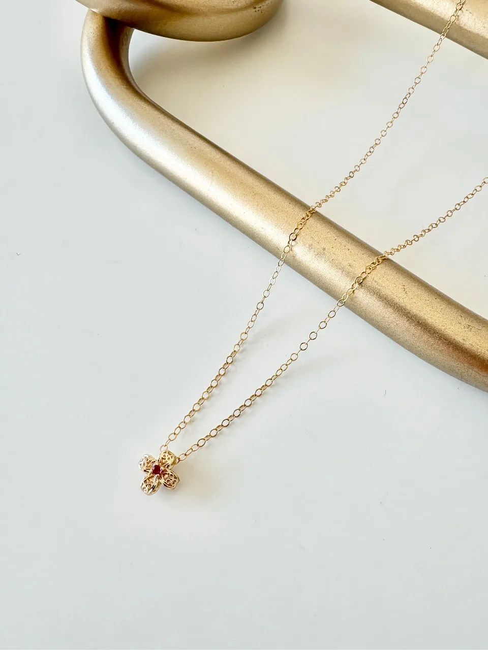 Gold Clover With Red Stone Necklace — handmade by Dirty Bird Jewellery