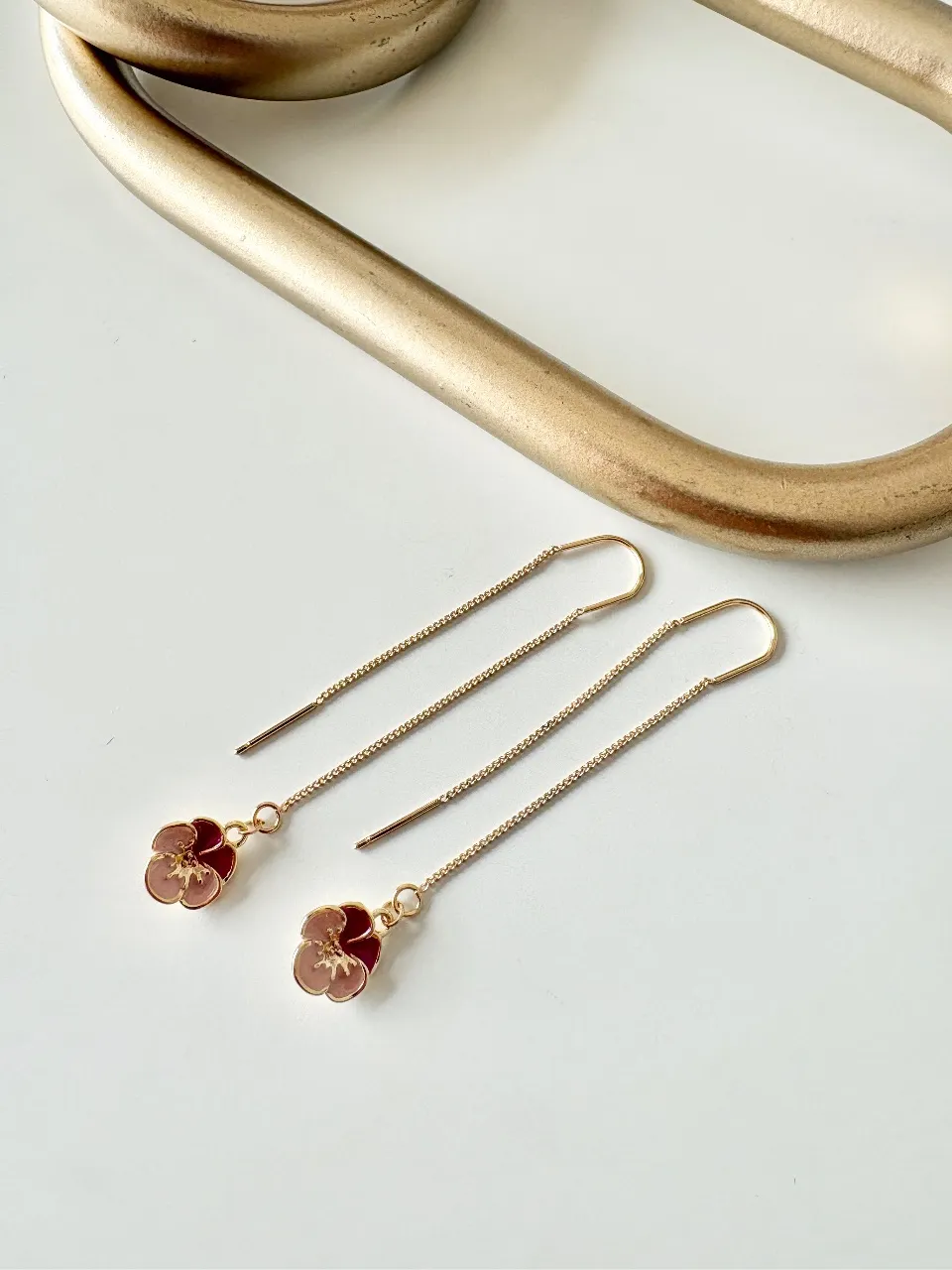 Pink Flower Threader Earrings — handmade by Dirty Bird Jewellery