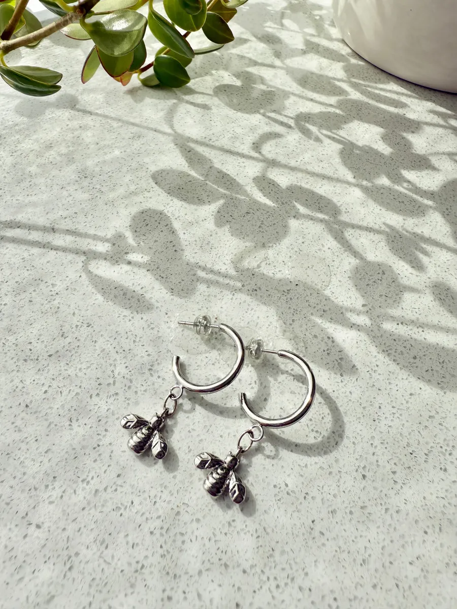 Busy Bee Silver Hoop Earrings — handmade by Dirty Bird Jewellery