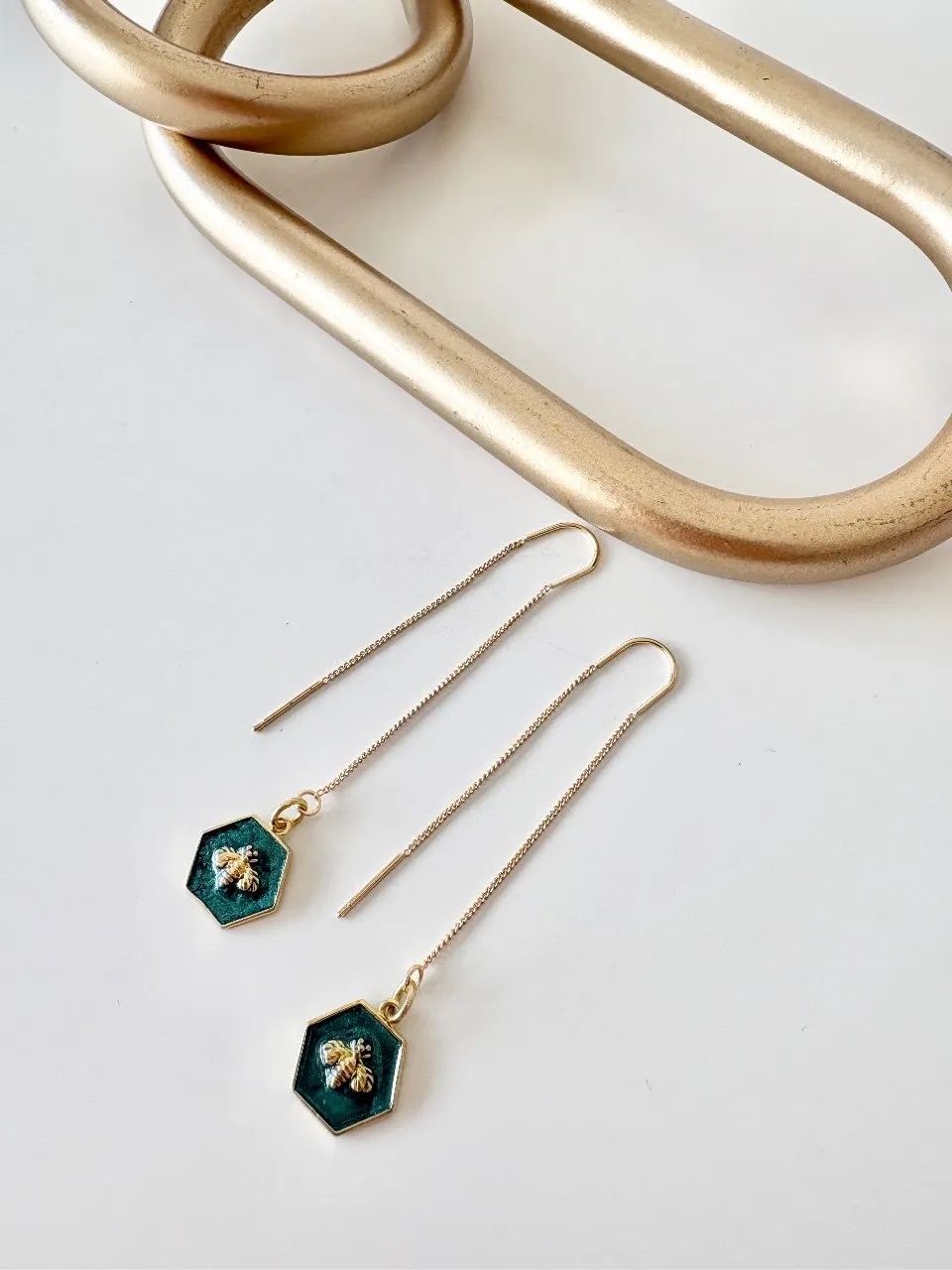 Emerald Bee Threader Earrings — handmade by Dirty Bird Jewellery