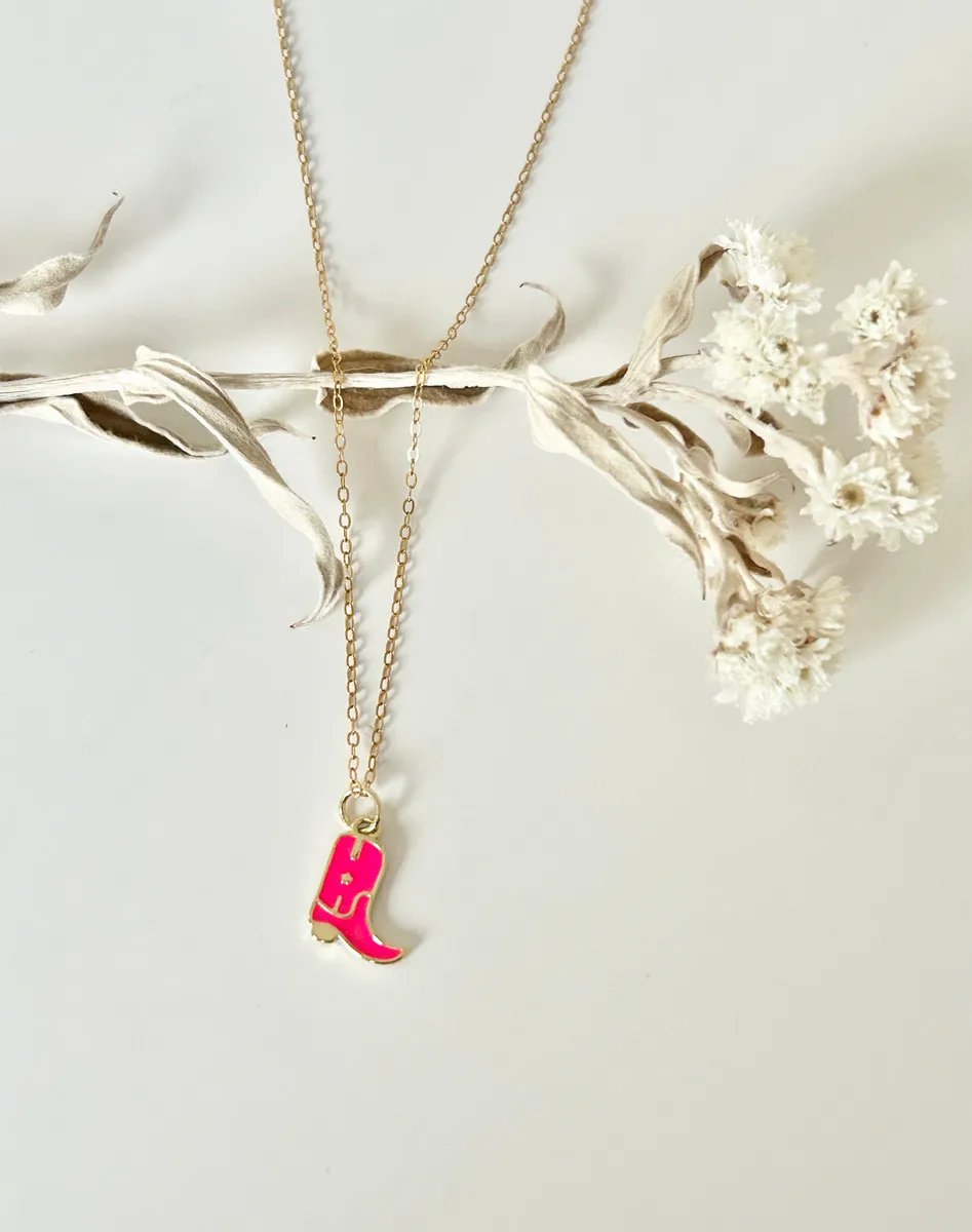 Pink Cowboy Boot Necklace — handmade by Dirty Bird Jewellery